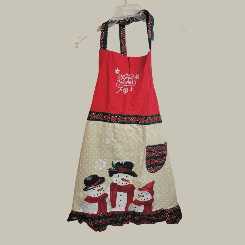 St Nicholas Square Christmas Apron Snowman Warm Wishes Holiday Farmhouse Red Tan